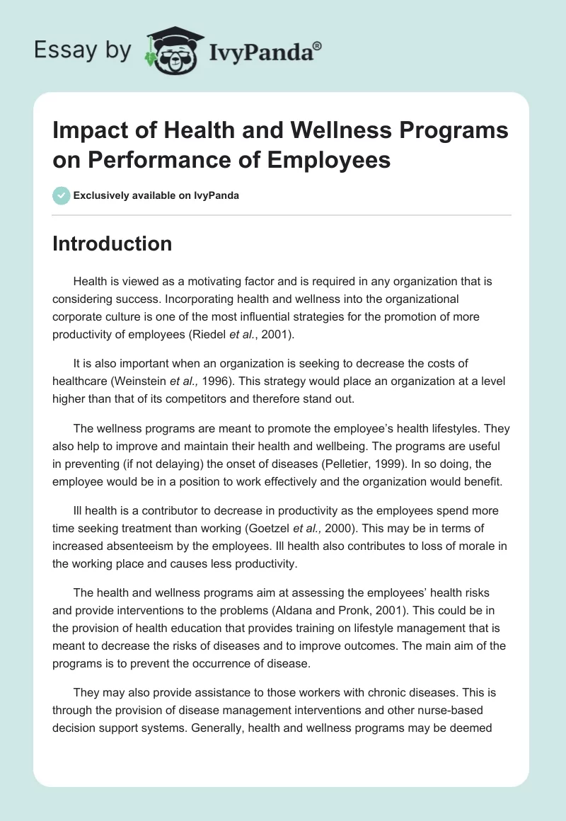 Impact of Health and Wellness Programs on Performance of Employees. Page 1