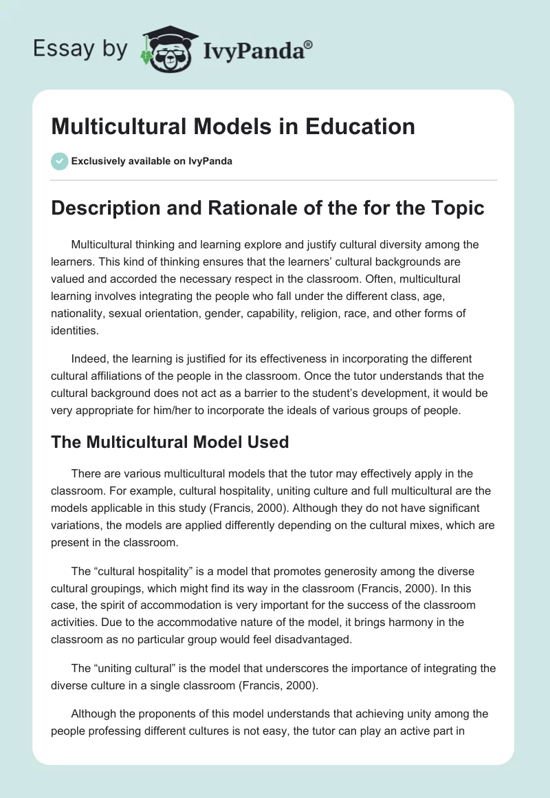 Multicultural Models in Education. Page 1