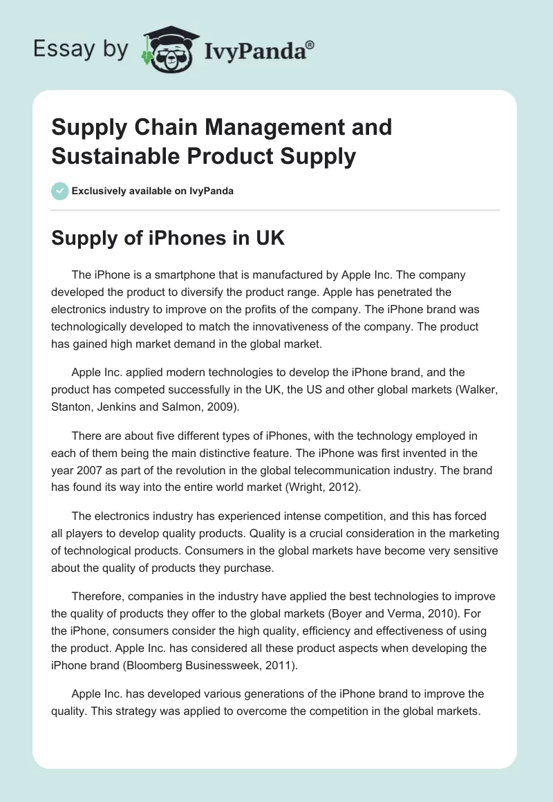Supply Chain Management and Sustainable Product Supply. Page 1