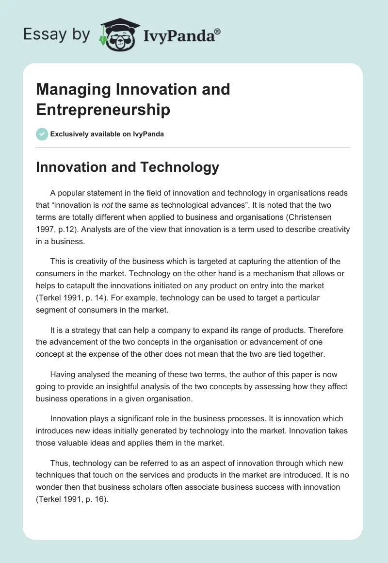 Managing Innovation and Entrepreneurship. Page 1