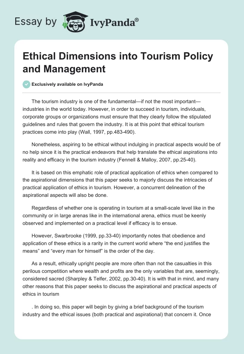 Ethical Dimensions into Tourism Policy and Management. Page 1