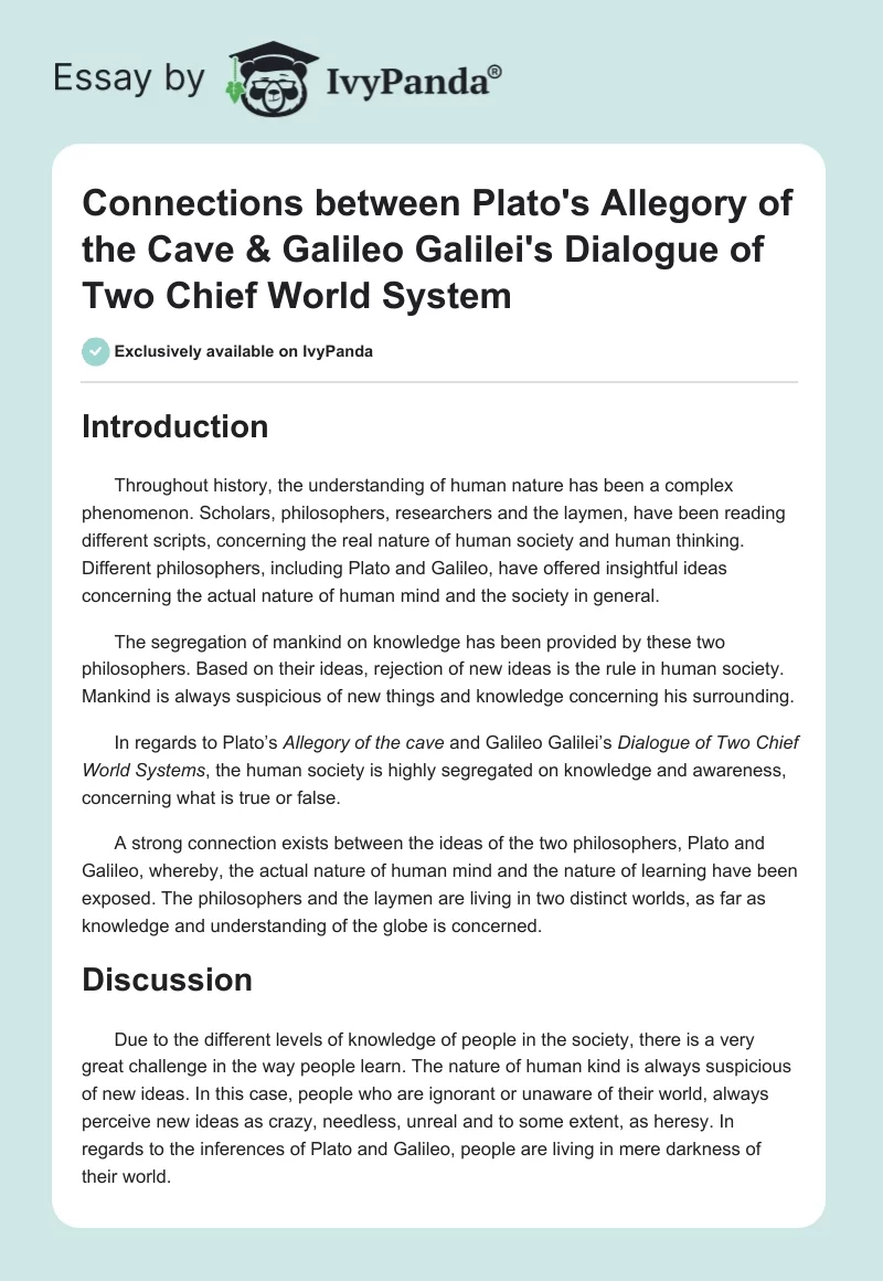 Connections Between Plato's Allegory of the Cave & Galileo Galilei's Dialogue of Two Chief World System. Page 1
