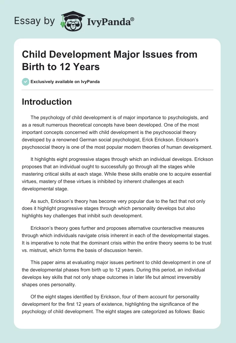 Child Development Major Issues From Birth to 12 Years. Page 1