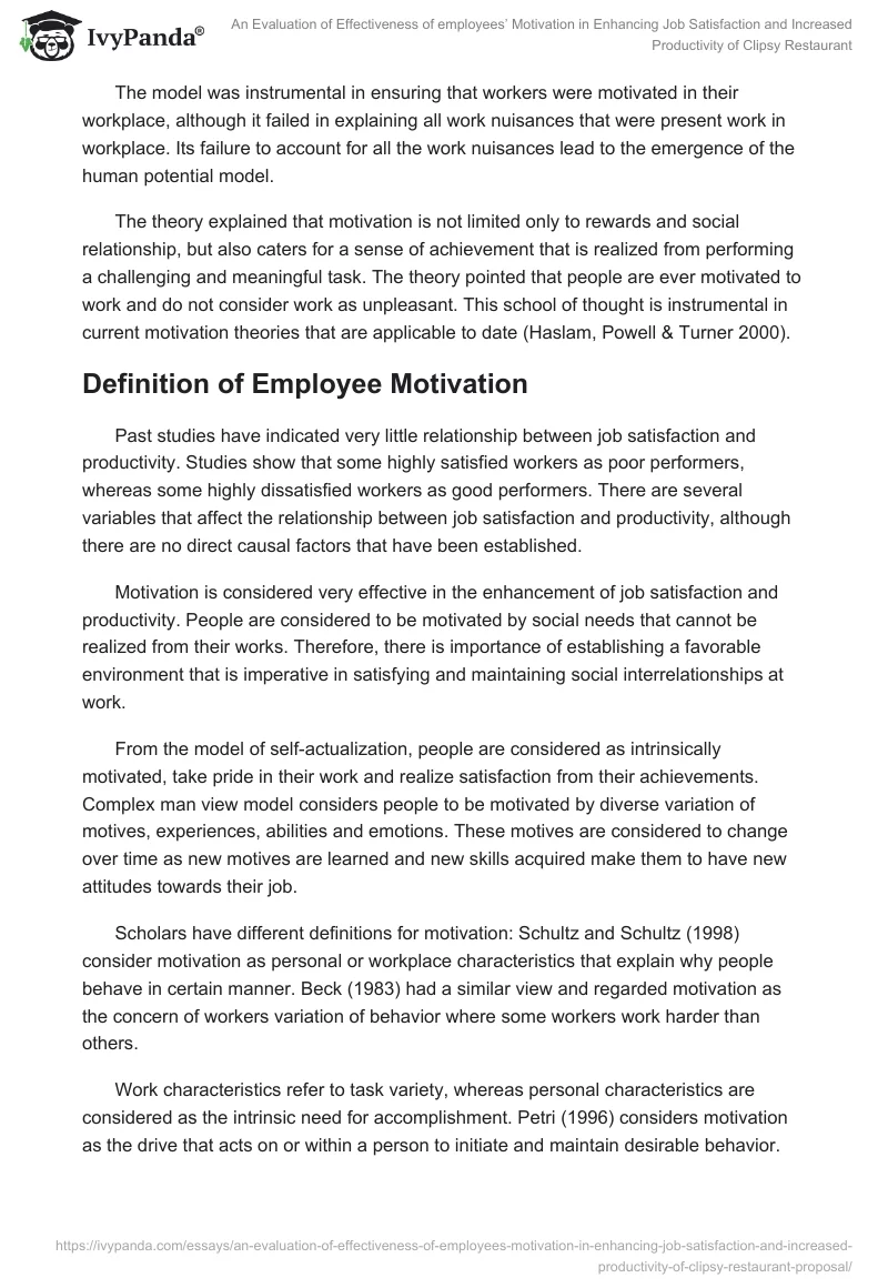 An Evaluation of Effectiveness of employees’ Motivation in Enhancing Job Satisfaction and Increased Productivity of Clipsy Restaurant. Page 4
