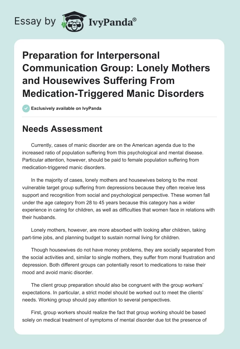 Preparation for Interpersonal Communication Group: Lonely Mothers and Housewives Suffering From Medication-Triggered Manic Disorders. Page 1