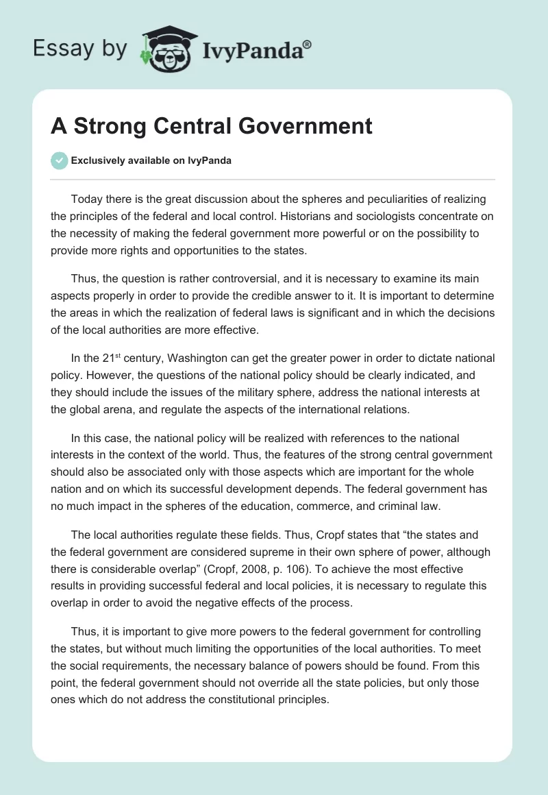 A Strong Central Government. Page 1