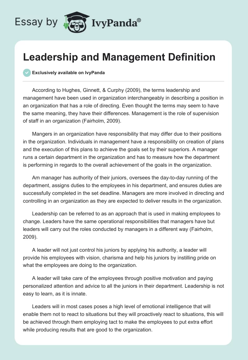 Leadership and Management Definition. Page 1