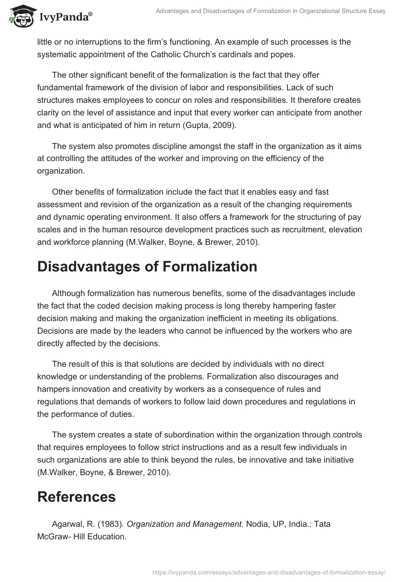 Advantages and Disadvantages of Formalization in Organizational Structure Essay. Page 2