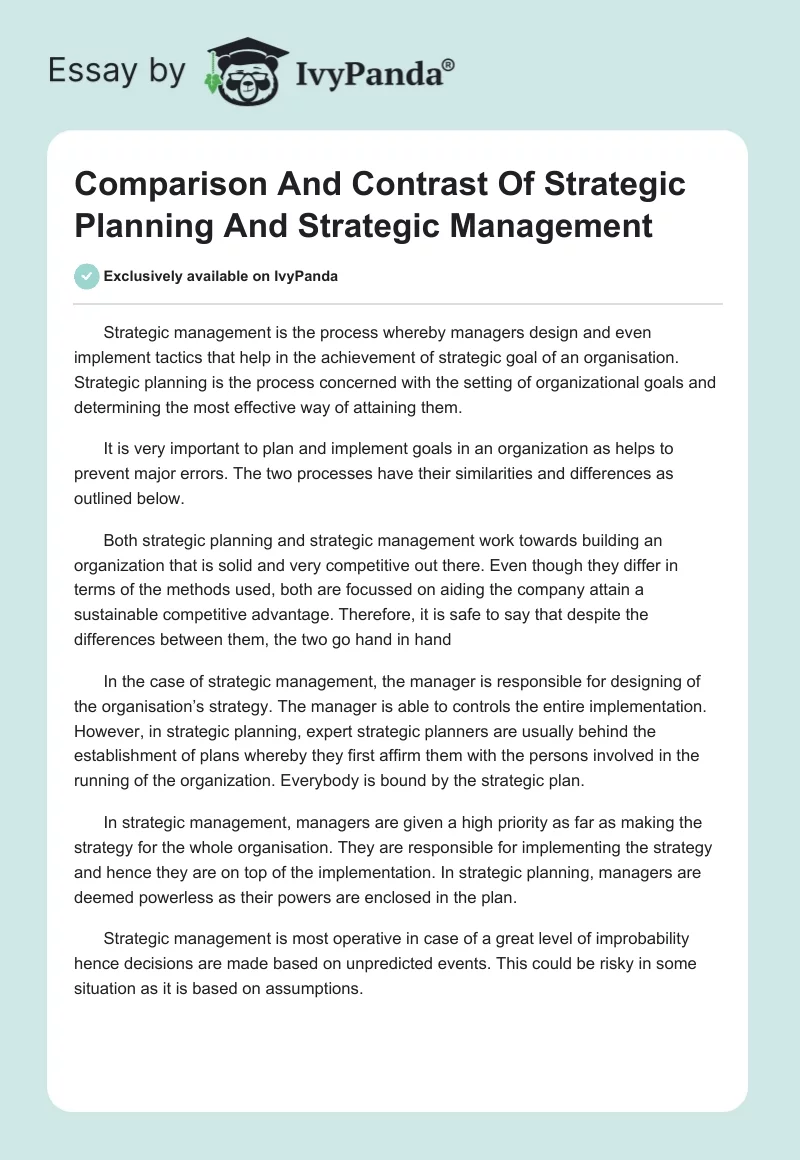 Comparison And Contrast Of Strategic Planning And Strategic Management. Page 1