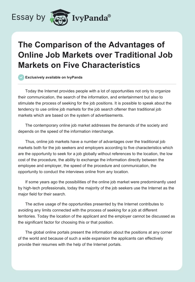 The Comparison of the Advantages of Online Job Markets over Traditional Job Markets on Five Characteristics. Page 1