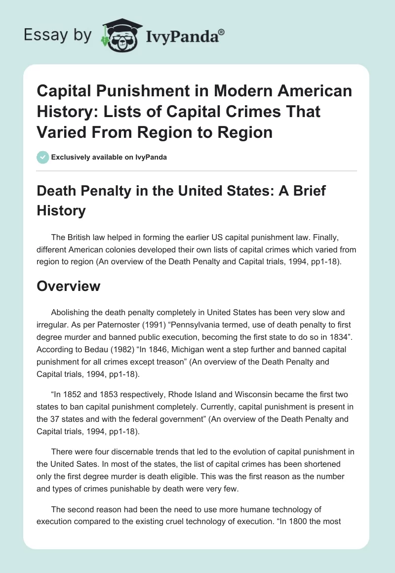 Capital Punishment in Modern American History: Lists of Capital Crimes That Varied From Region to Region. Page 1