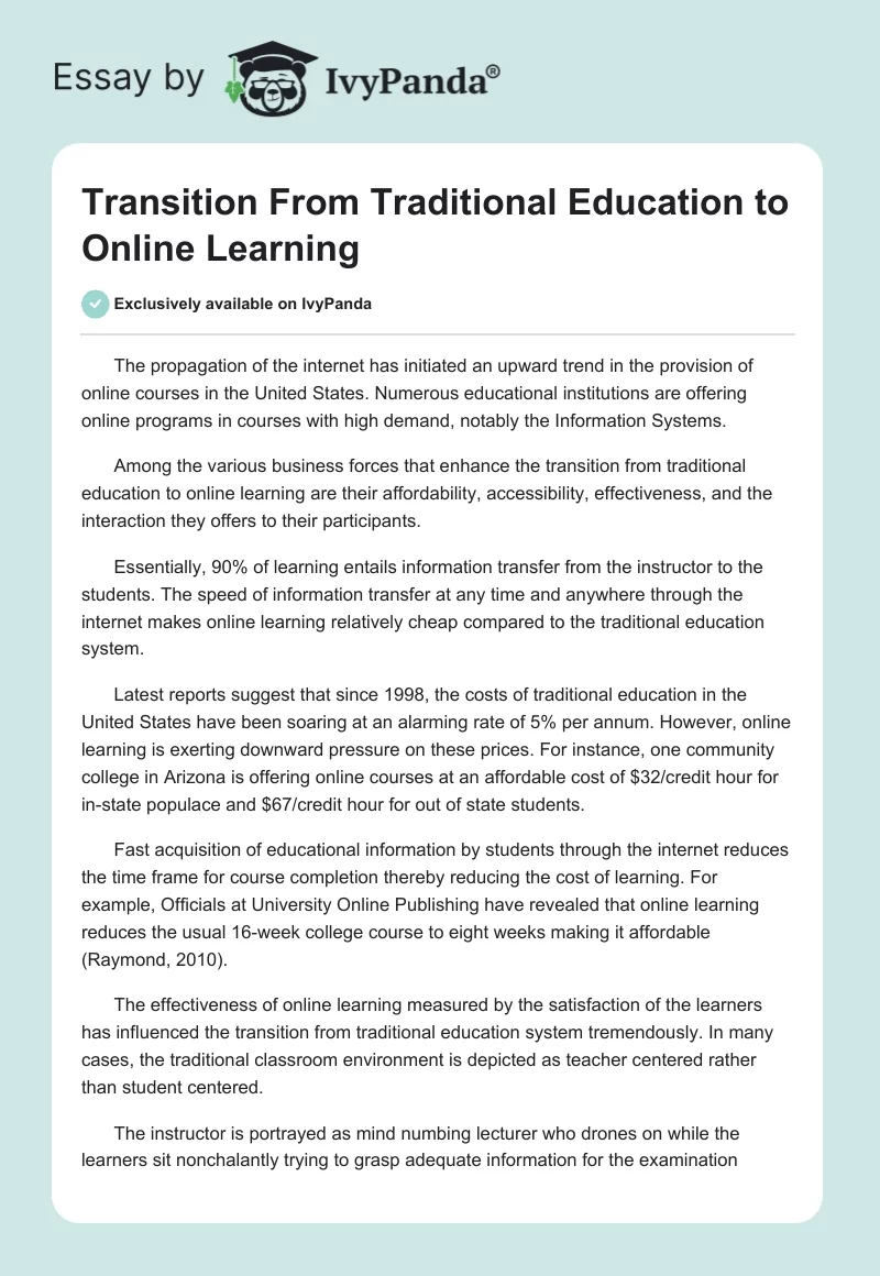 Transition From Traditional Education to Online Learning. Page 1