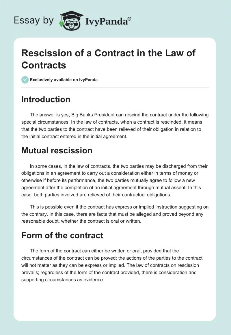 Rescission of a Contract in the Law of Contracts. Page 1