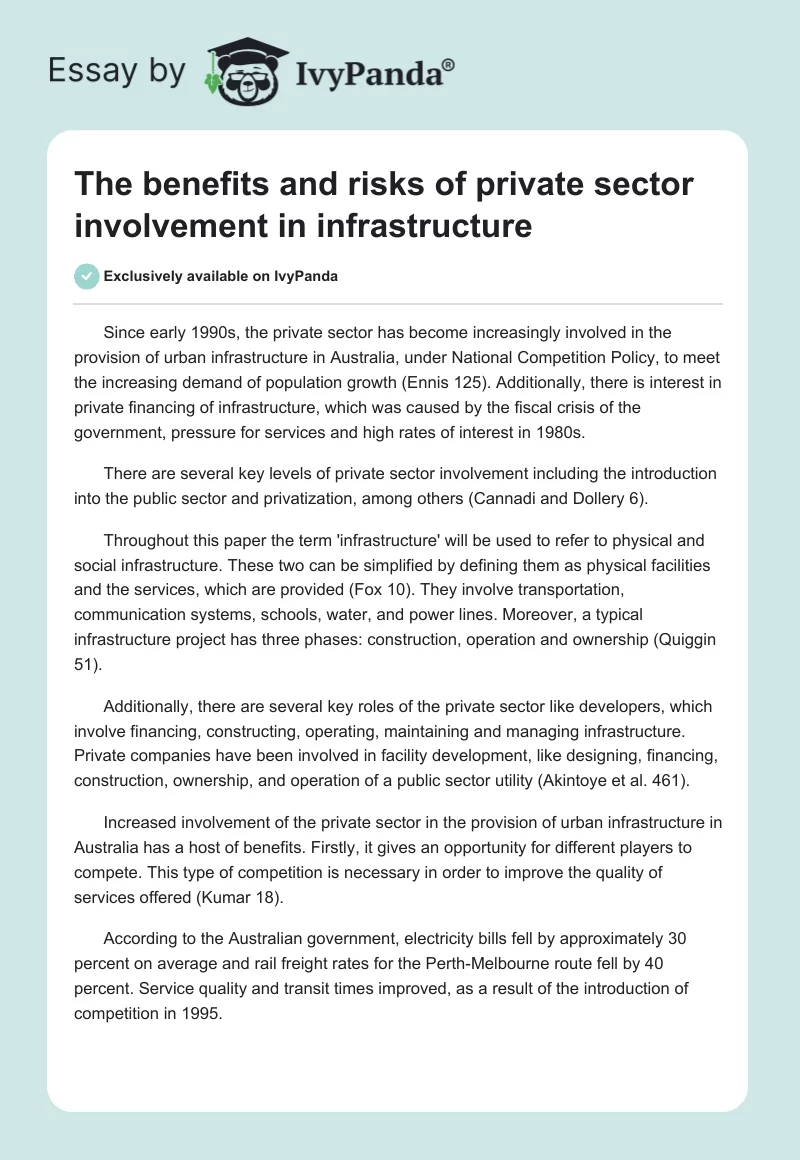 The benefits and risks of private sector involvement in infrastructure. Page 1