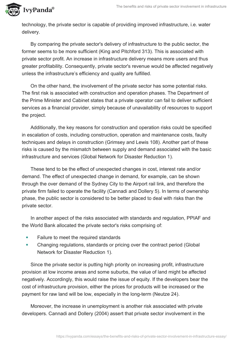 The benefits and risks of private sector involvement in infrastructure. Page 3