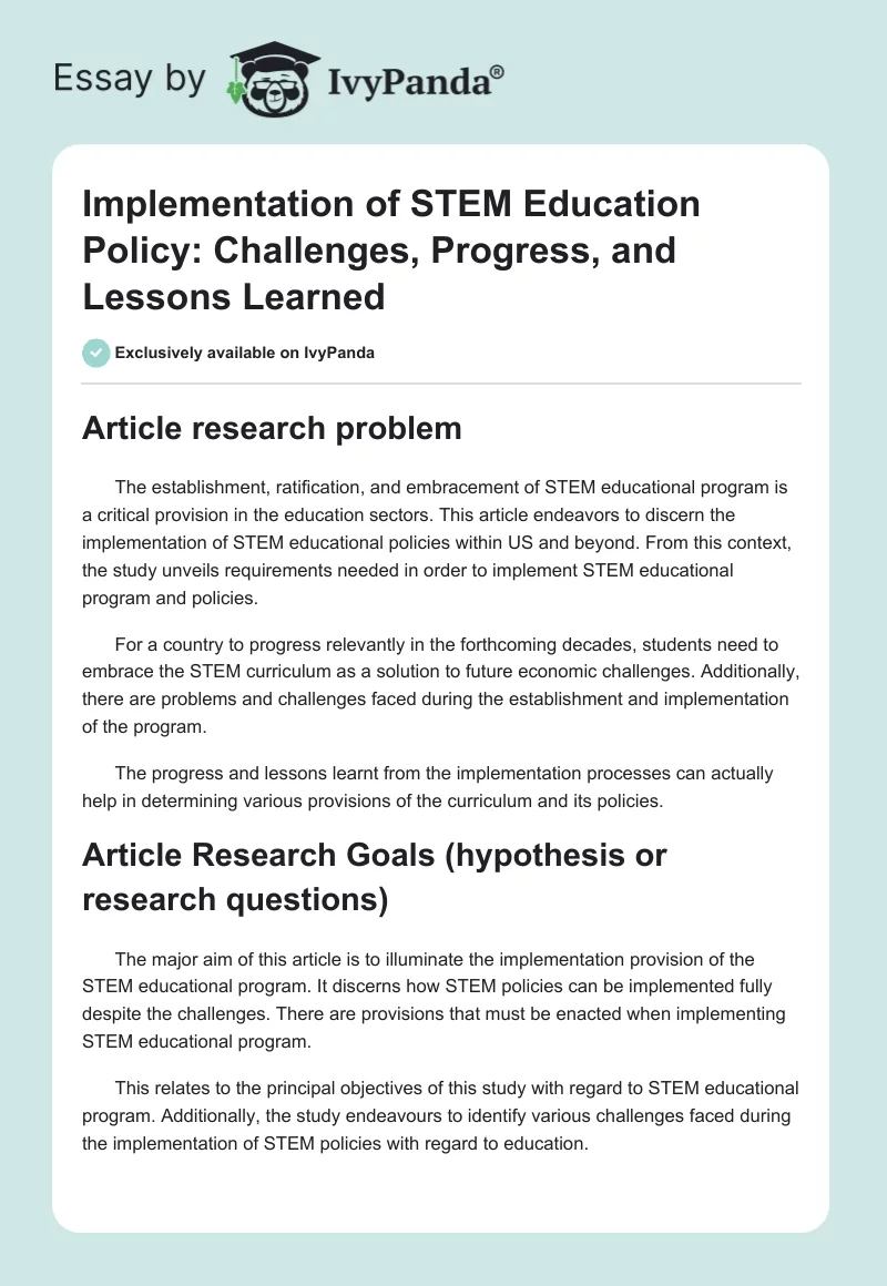 Implementation of STEM Education Policy: Challenges, Progress, and Lessons Learned. Page 1