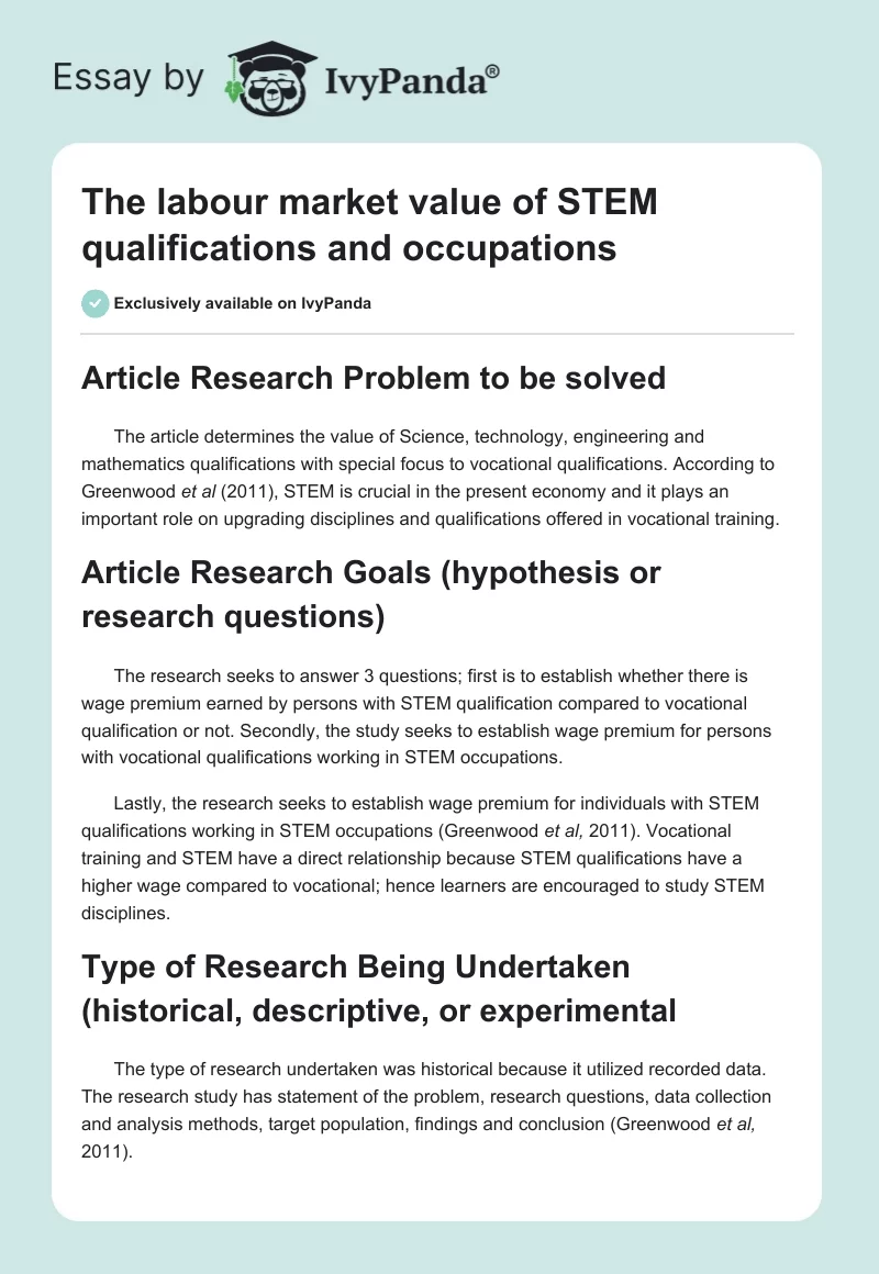 The labour market value of STEM qualifications and occupations. Page 1