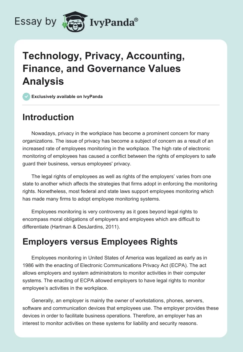 Technology, Privacy, Accounting, Finance, and Governance Values Analysis. Page 1