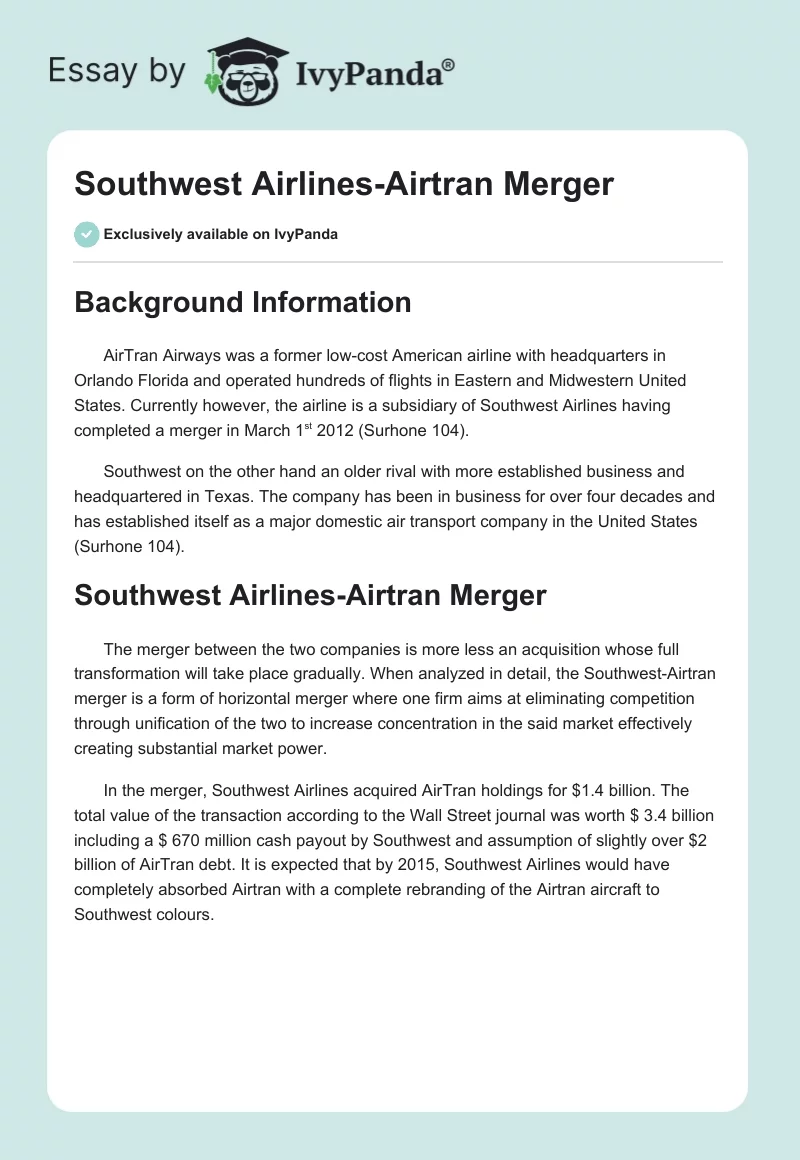 Southwest Airlines-Airtran Merger. Page 1