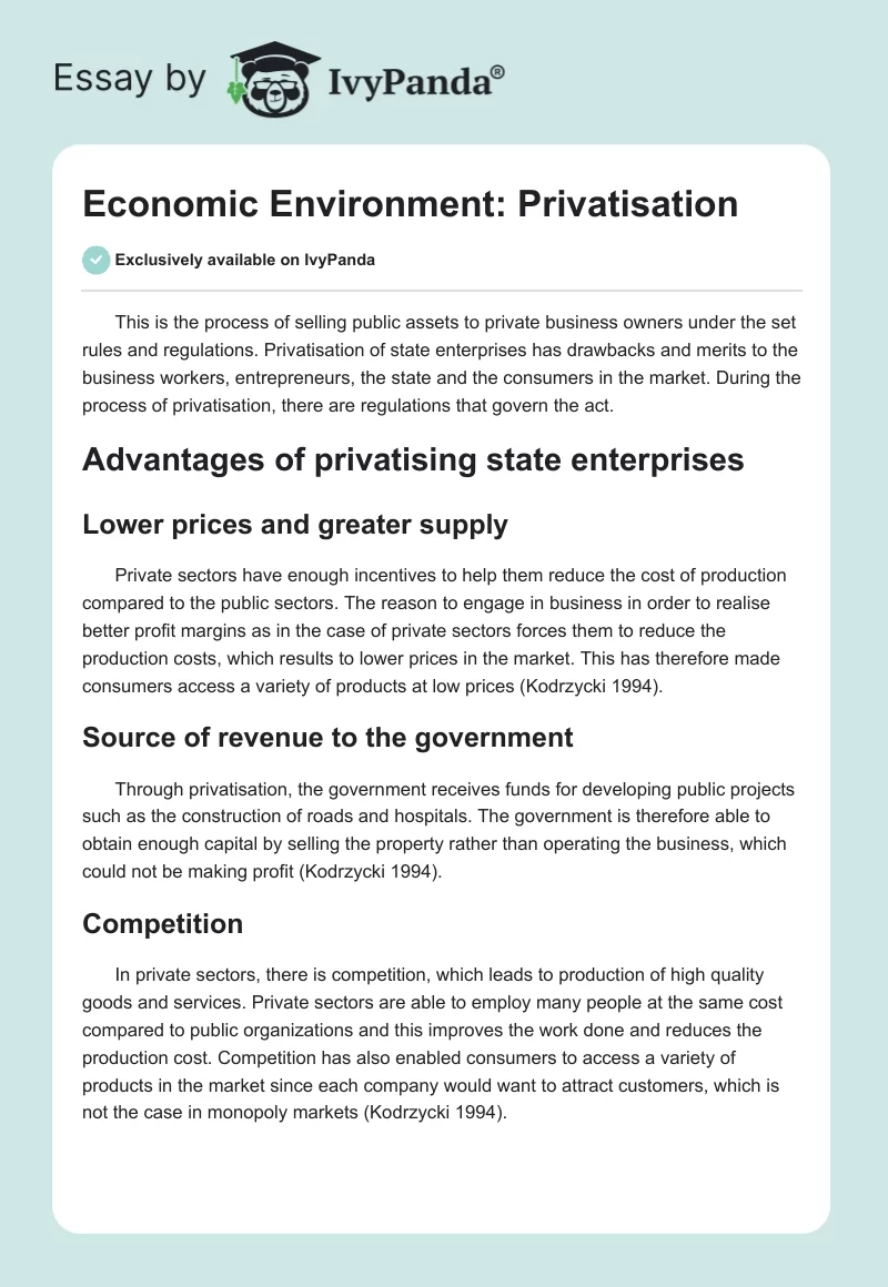 Economic Environment: Privatisation. Page 1