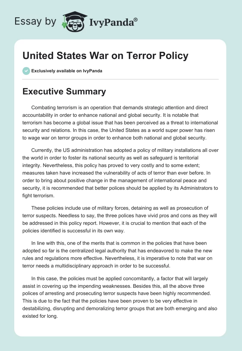 United States War on Terror Policy. Page 1