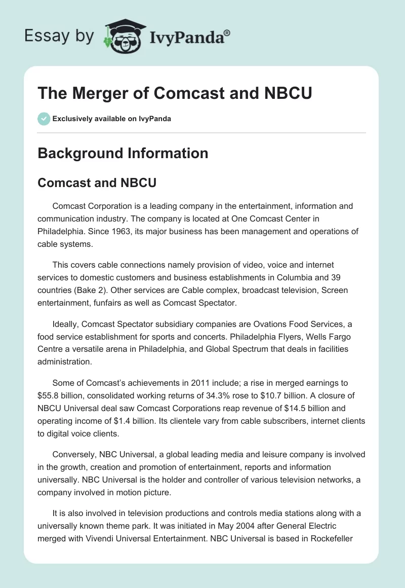 The Merger of Comcast and NBCU. Page 1