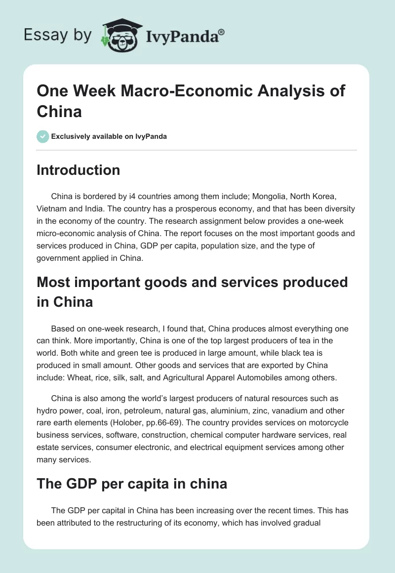 One Week Macro-Economic Analysis of China. Page 1