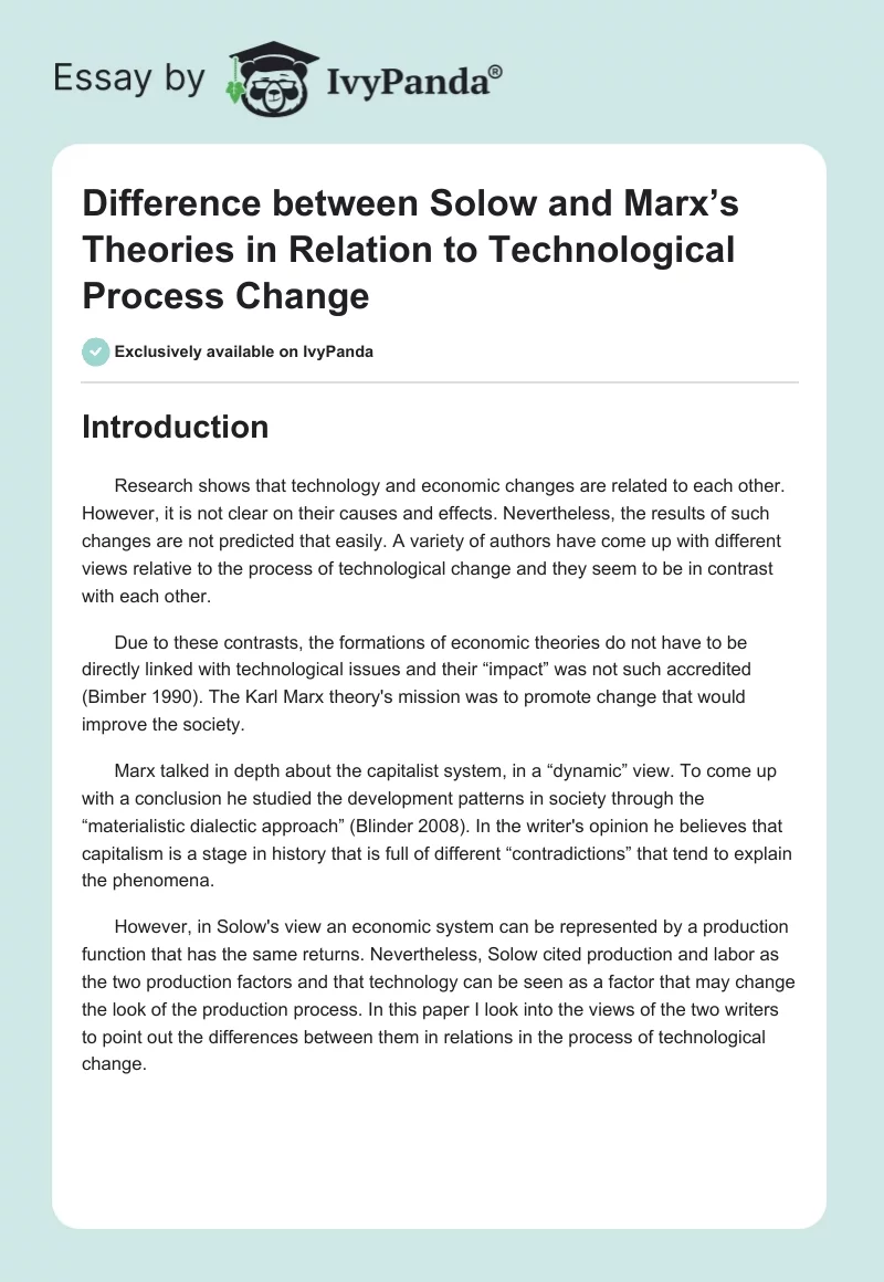 Difference between Solow and Marx’s Theories in Relation to Technological Process Change. Page 1