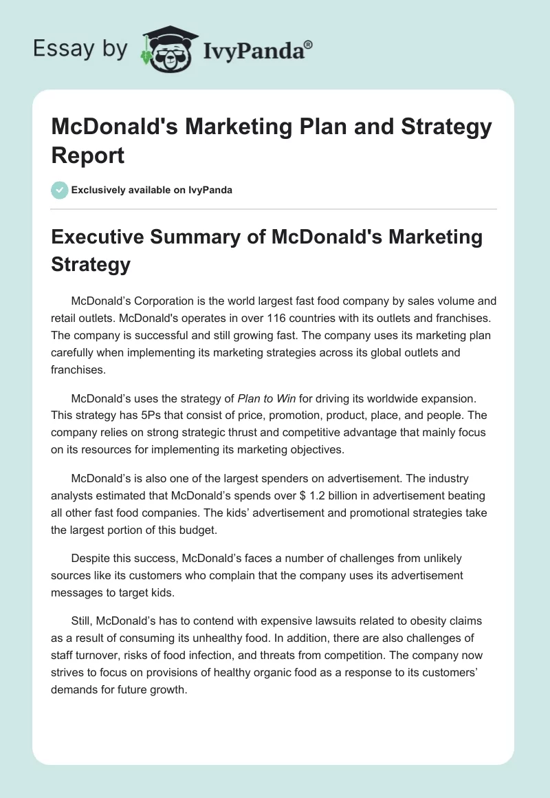 McDonald's Marketing Plan and Strategy Report. Page 1