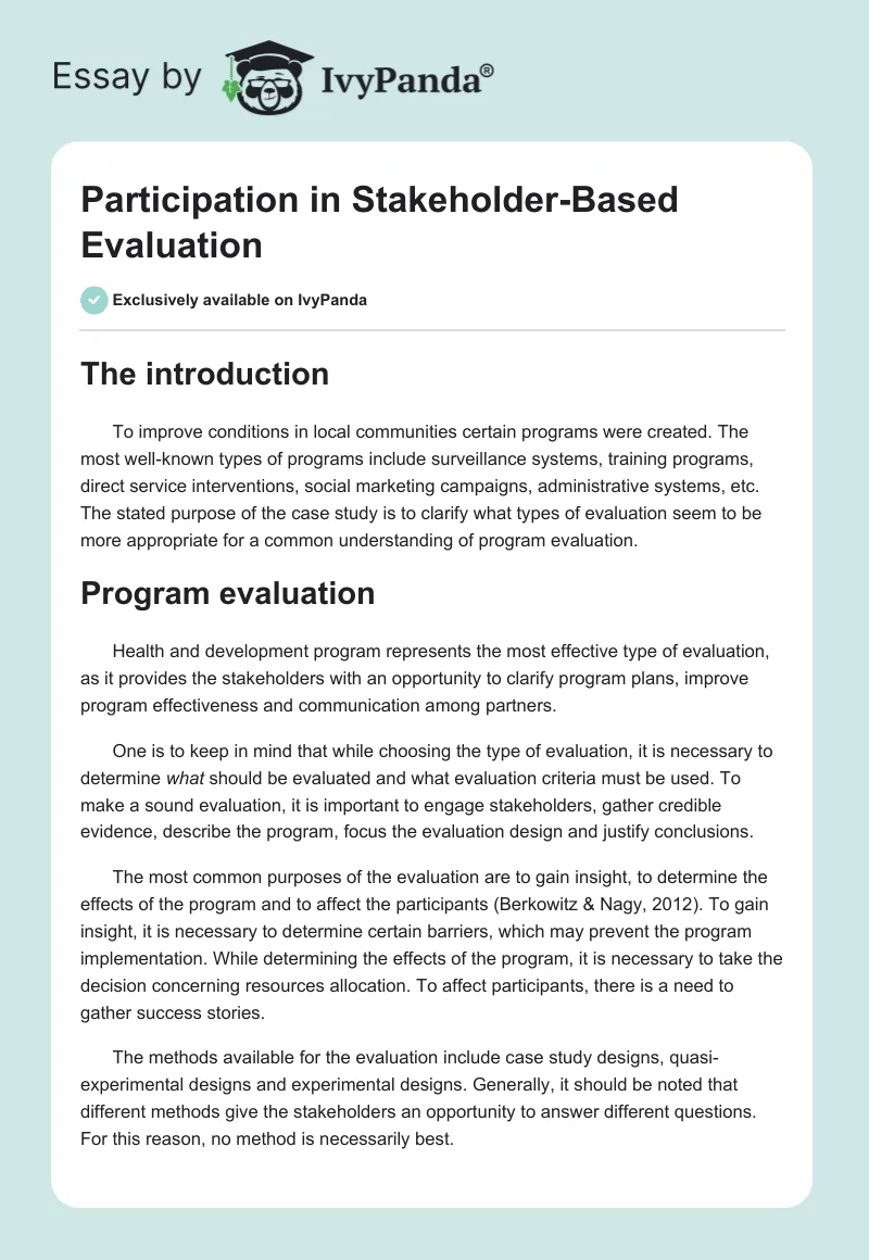 Participation in Stakeholder-Based Evaluation. Page 1