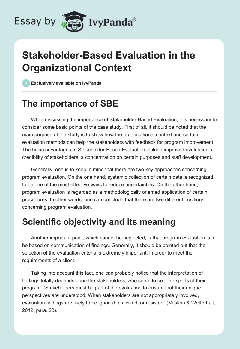 Stakeholder-Based Evaluation in the Organizational Context. Page 1