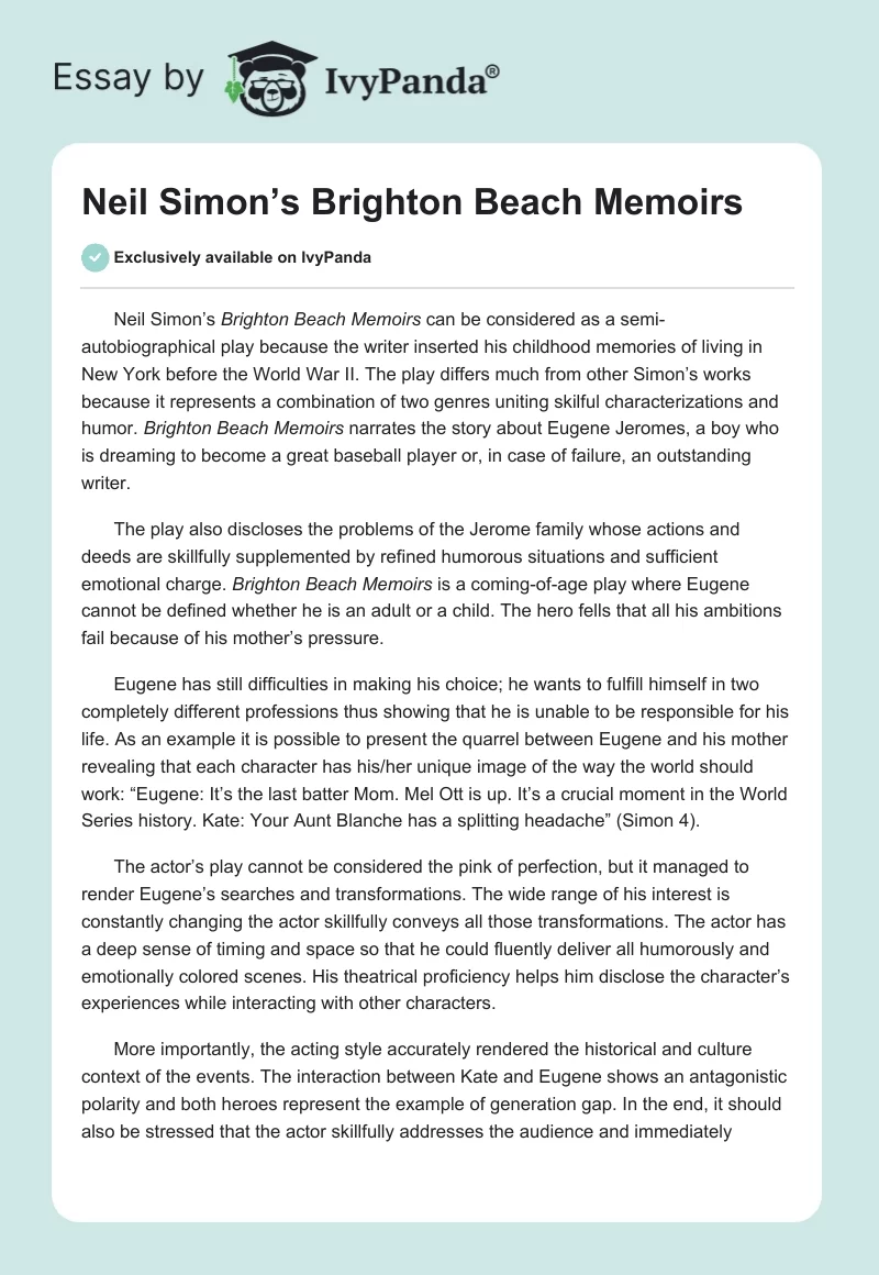 Neil Simon’s Brighton Beach Memoirs. Page 1