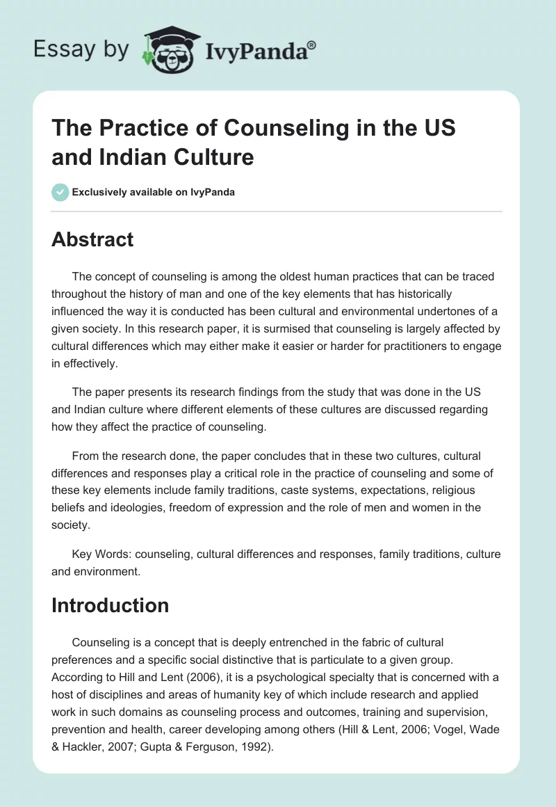 The Practice of Counseling in the US and Indian Culture. Page 1