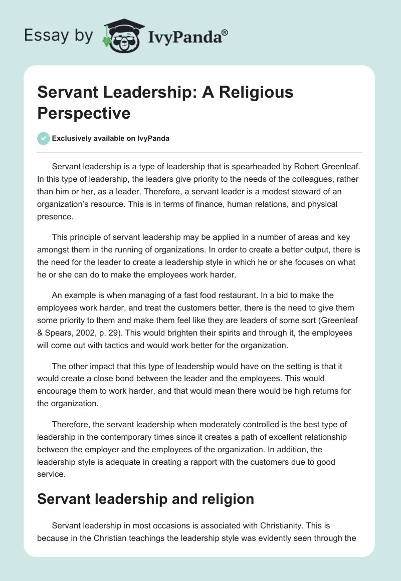 Servant Leadership: A Religious Perspective. Page 1