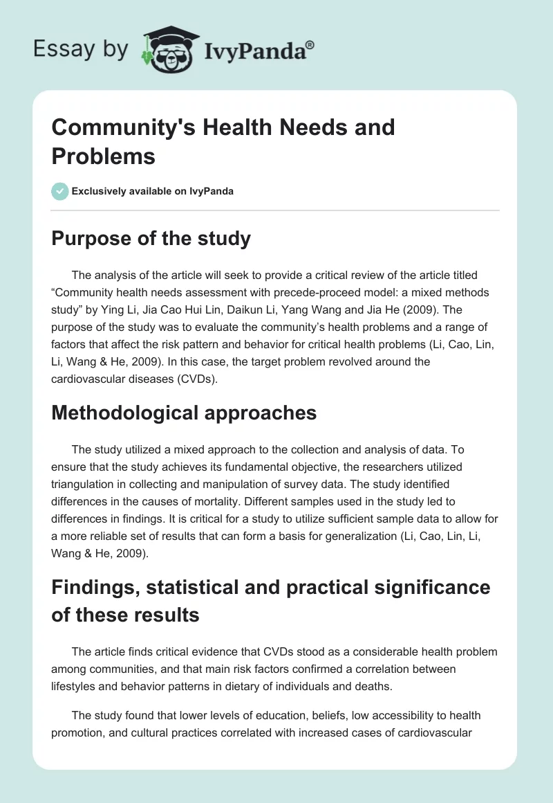 Community's Health Needs and Problems. Page 1