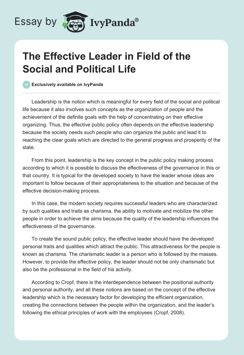 The Effective Leader in Field of the Social and Political Life. Page 1