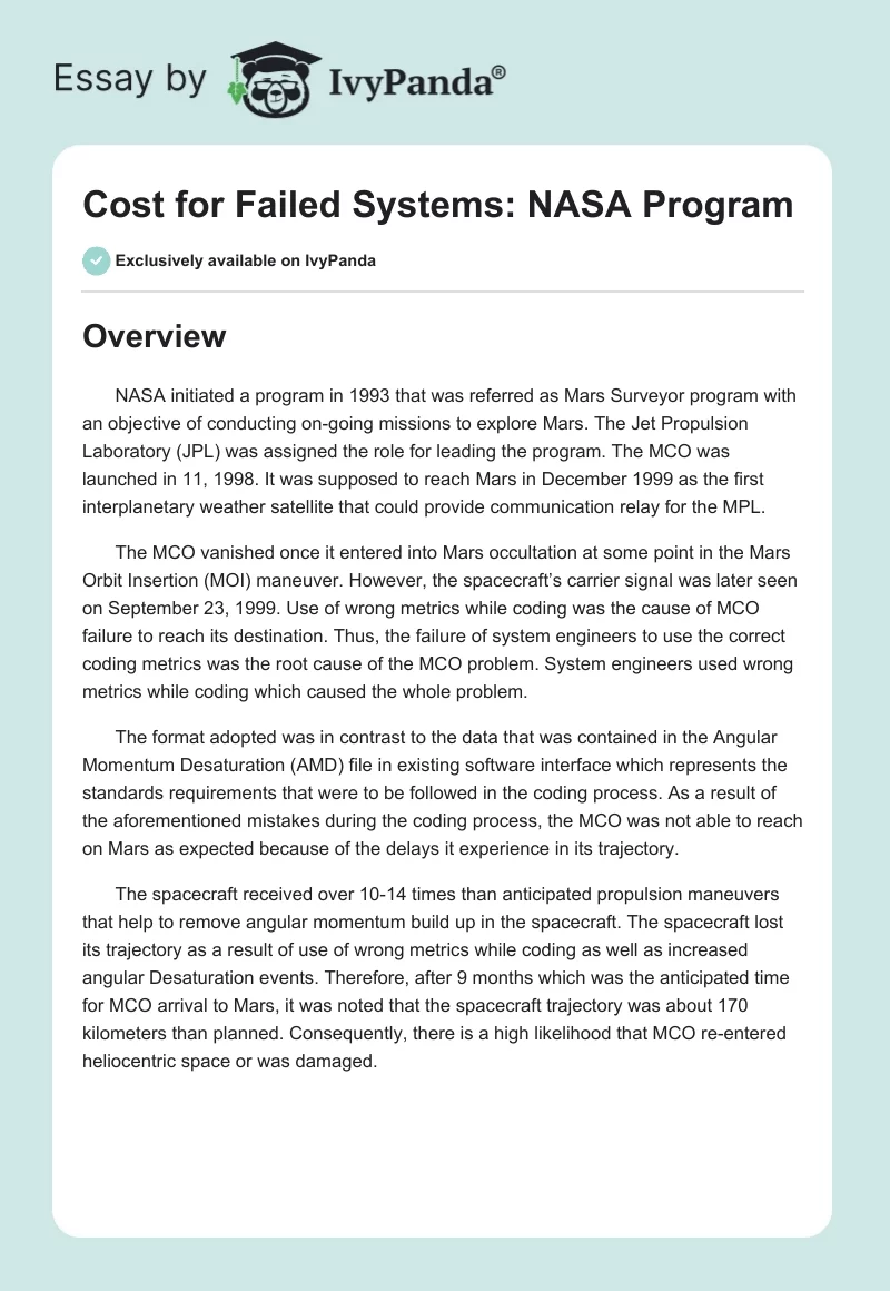 Cost for Failed Systems: NASA Program. Page 1