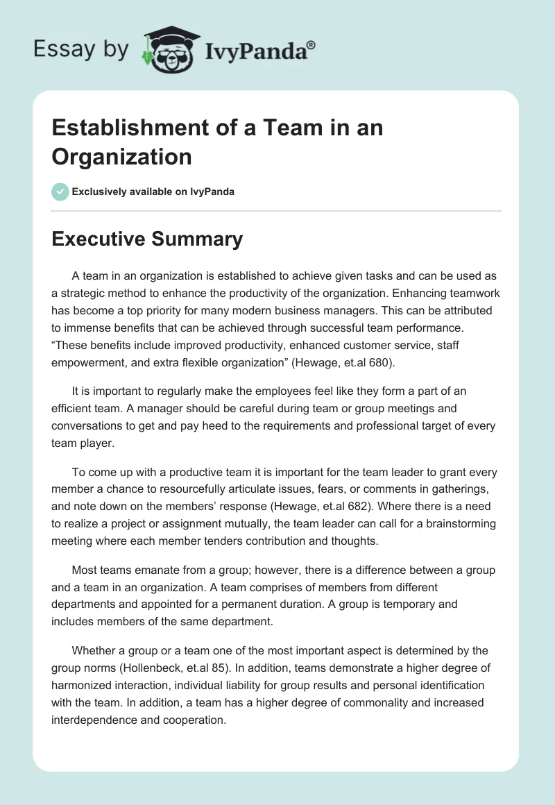 Establishment of a Team in an Organization. Page 1