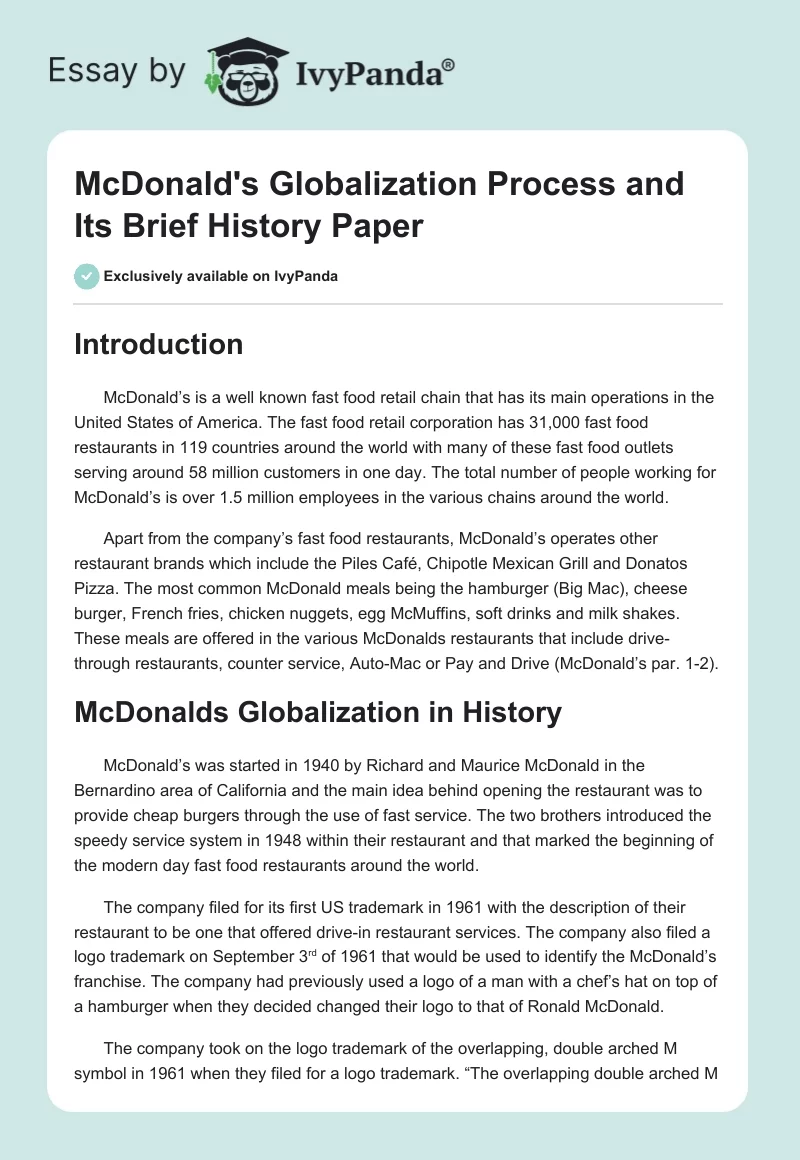McDonald's Globalization Process and Its Brief History Paper. Page 1