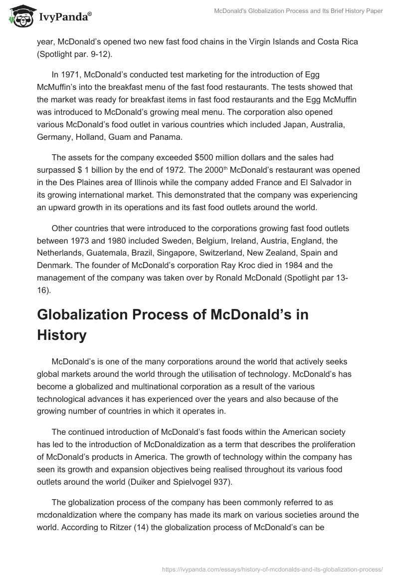 McDonald's Globalization Process and Its Brief History Paper. Page 3
