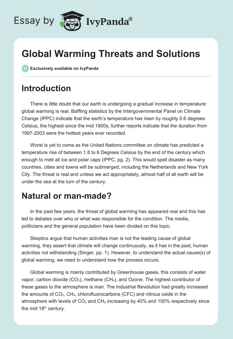 Global Warming Threats and Solutions. Page 1