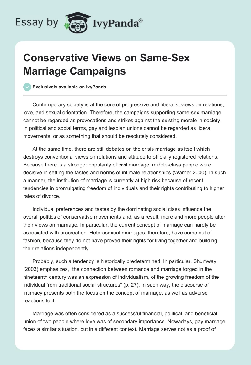 Conservative Views On Same Sex Marriage Campaigns 1956 Words Essay Example 