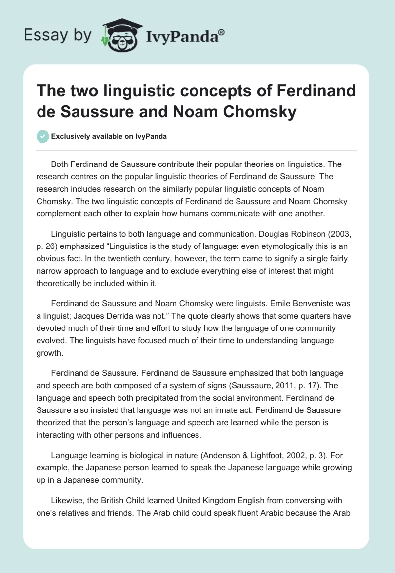 The two linguistic concepts of Ferdinand de Saussure and Noam Chomsky. Page 1