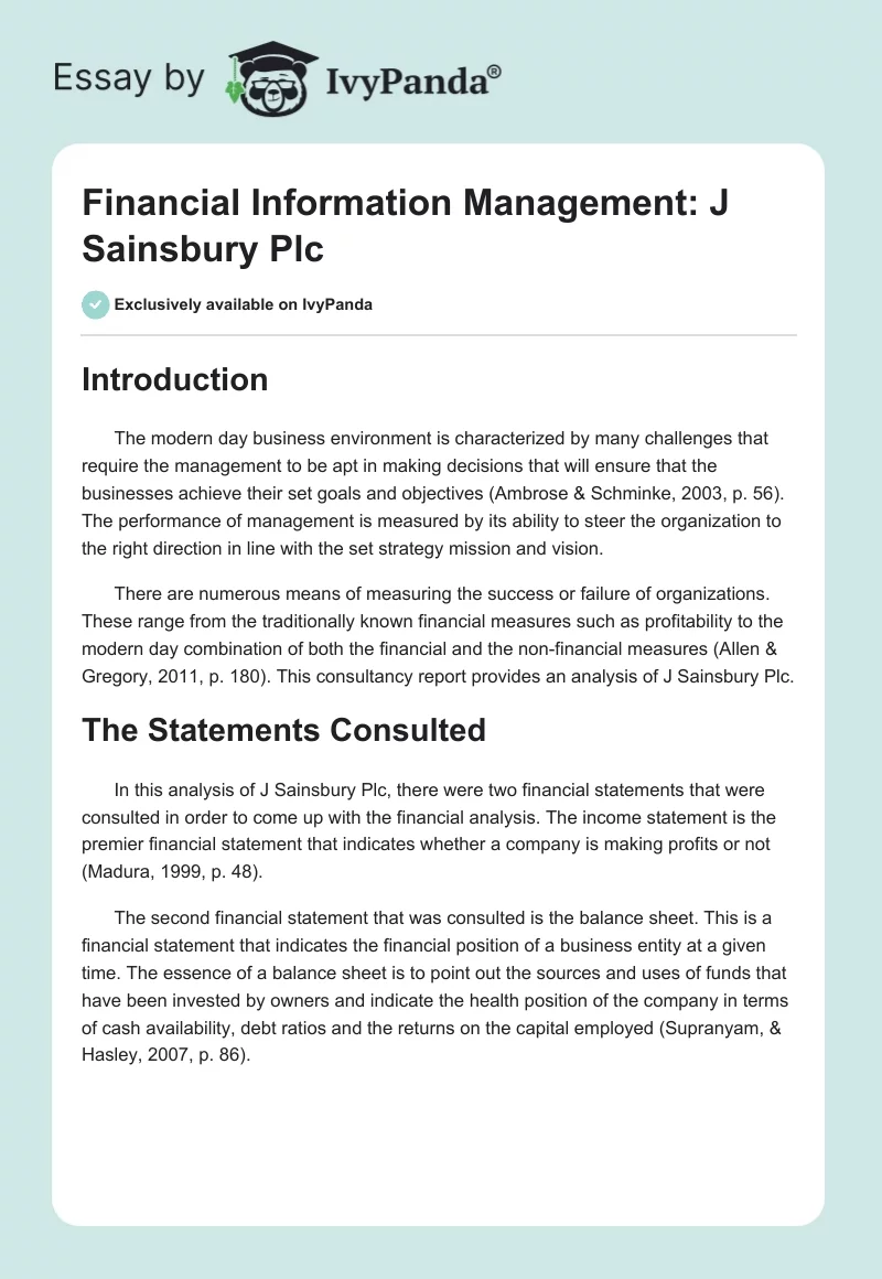 Financial Information Management: J Sainsbury Plc. Page 1