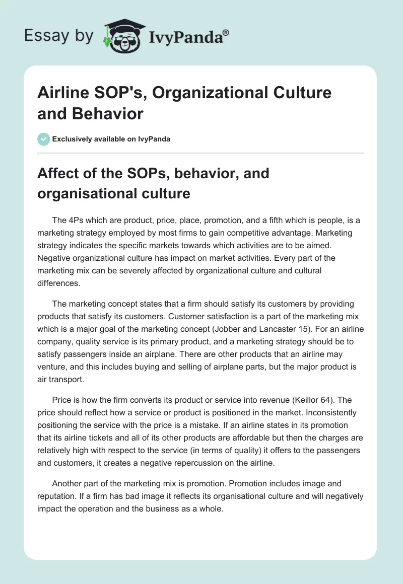 Airline SOP's, Organizational Culture and Behavior. Page 1