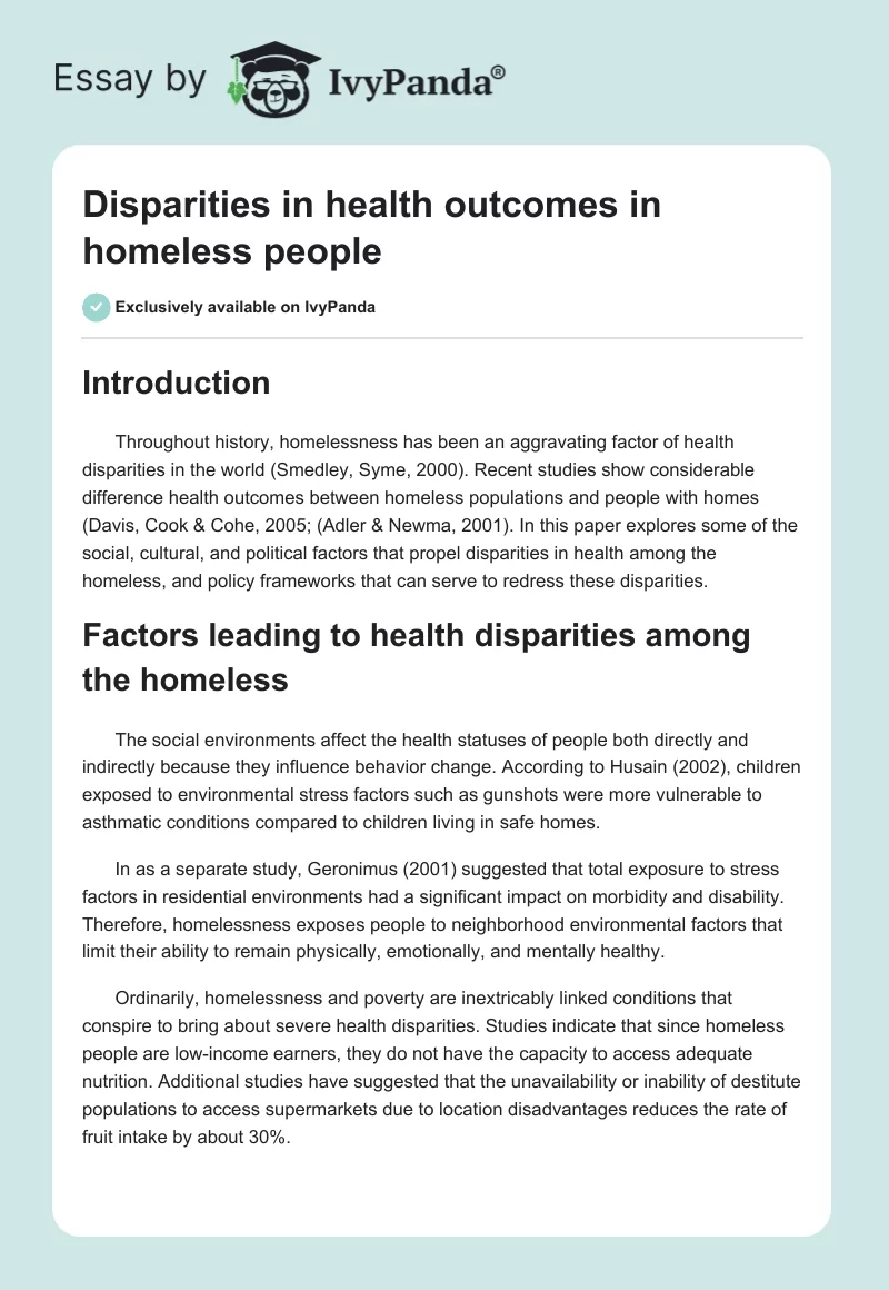 Disparities in health outcomes in homeless people. Page 1
