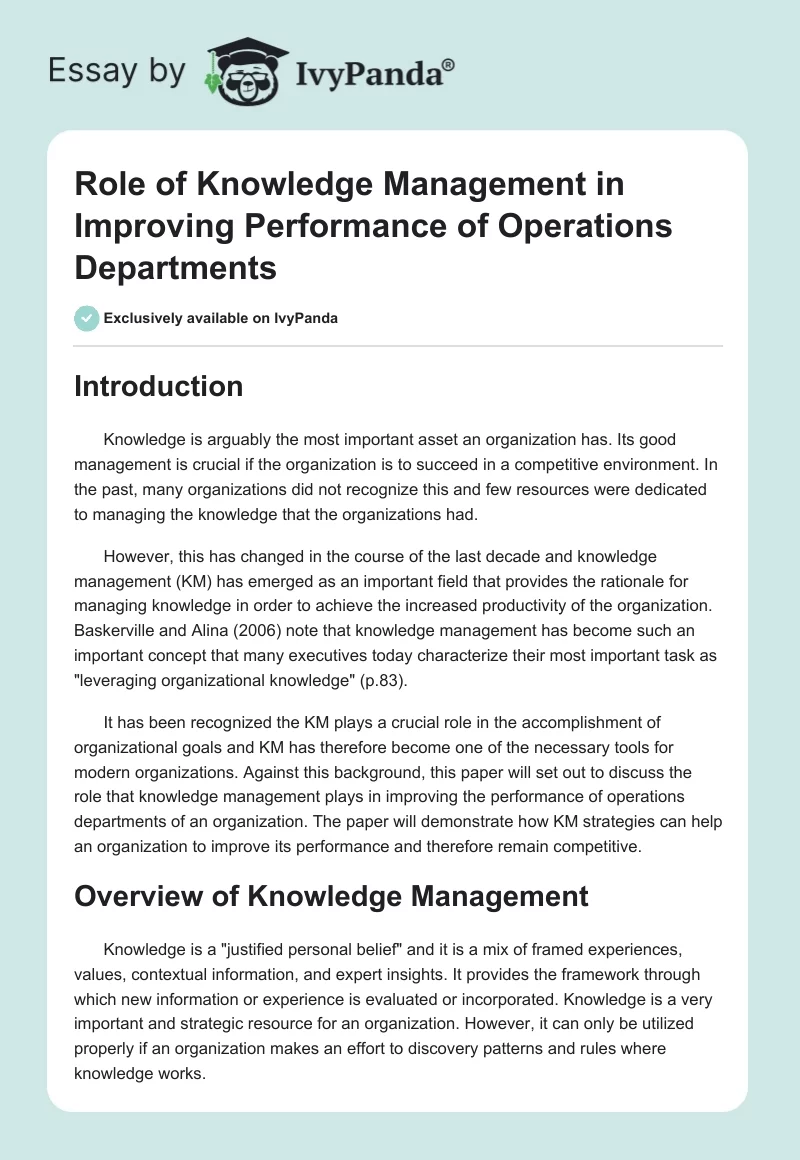 Role of Knowledge Management in Improving Performance of Operations Departments. Page 1