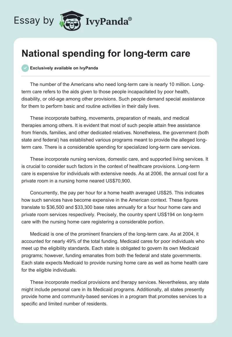 National spending for long-term care. Page 1
