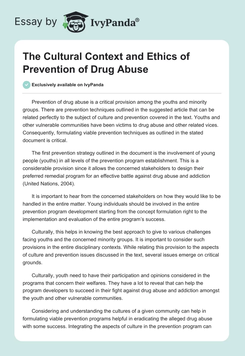 The Cultural Context and Ethics of Prevention of Drug Abuse. Page 1