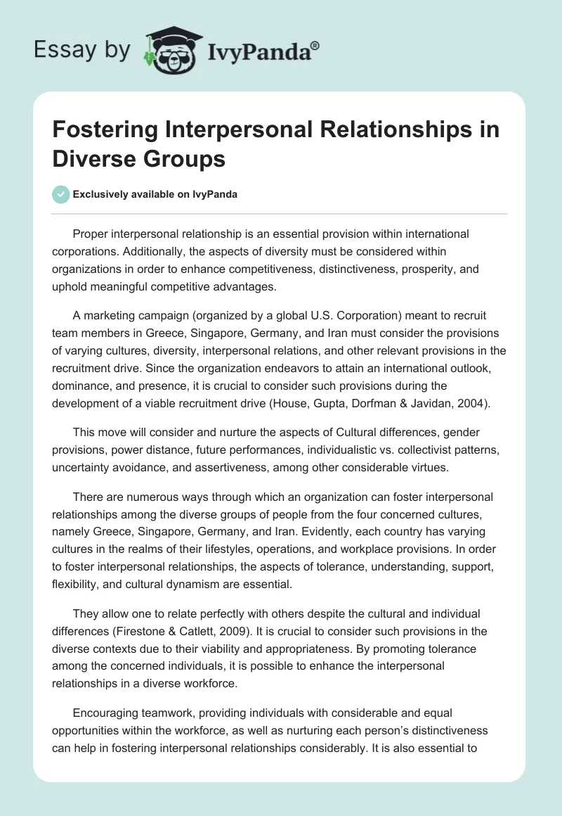 Fostering Interpersonal Relationships in Diverse Groups. Page 1